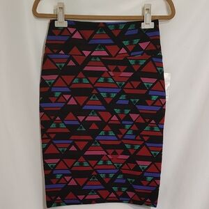 LuLaRoe Black Pencil Skirt with Red, Purple and Teal Geometric Print